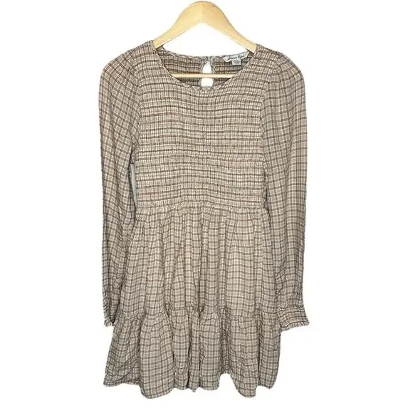 American Eagle Smocked Tiered Keyhole Long Sleeve Dress